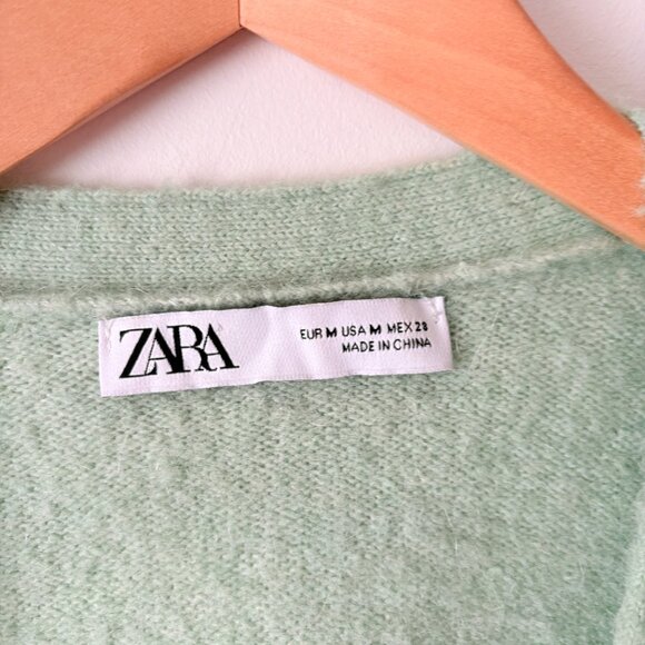 Zara Pearl Embellished Button Front Long Sleeve Cardigan Sweater Green Medium - Picture 5 of 7